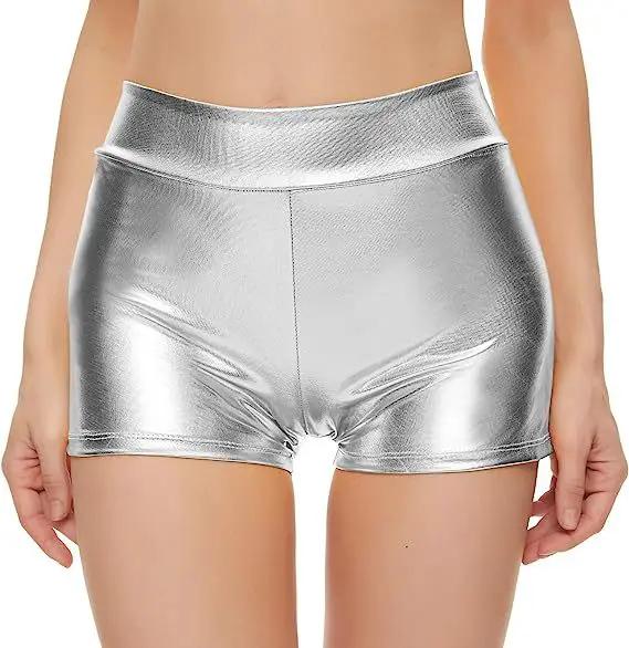 Slim Stretch High Waist Shorts for Women by Simples Market in silver metallic fabric