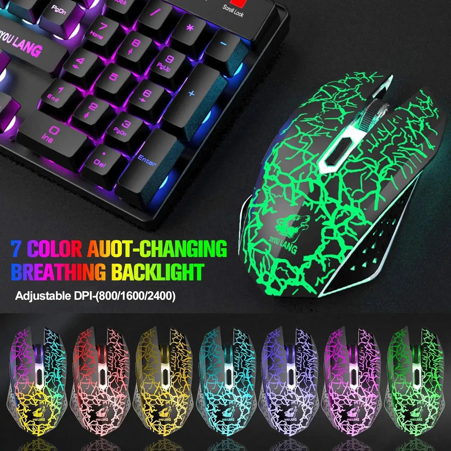 Simples Market T87 wireless keyboard and mouse set with rainbow backlit RGB, 2.4G wireless, adjustable DPI 800/1600/2400