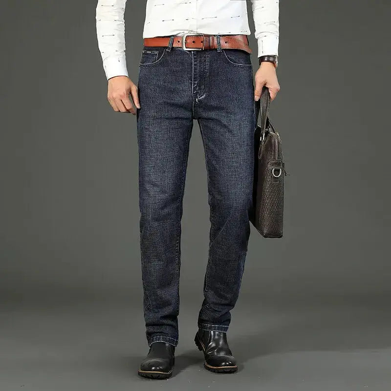 Wthinlee men's straight-leg denim jeans in dark blue; casual business-casual pants
