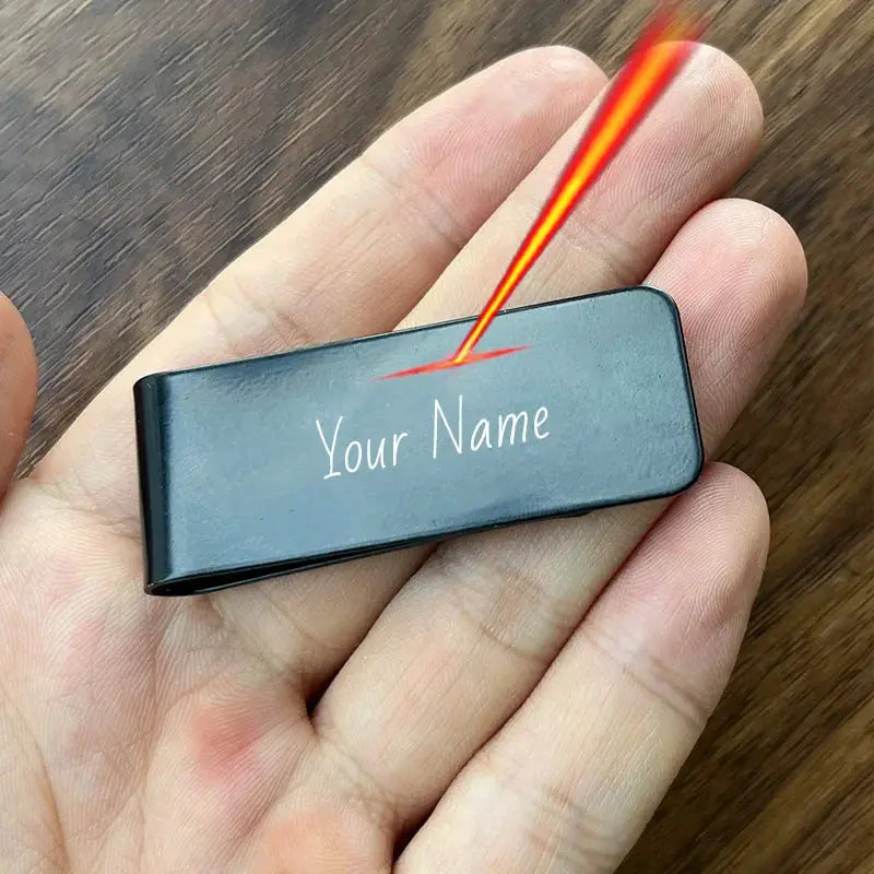 Personalized money clip, black metal with Your Name engraving