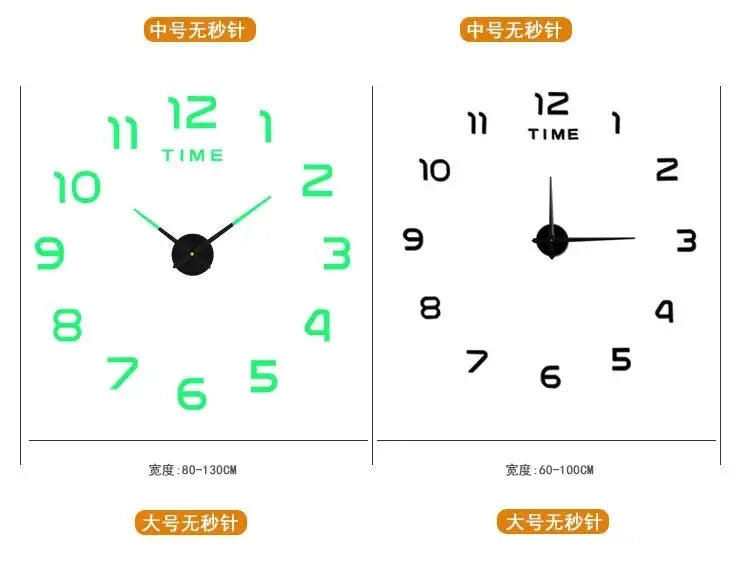 Two large wall clocks 3D DIY quartz with acrylic mirror stickers; neon-green numbers or black version for decor