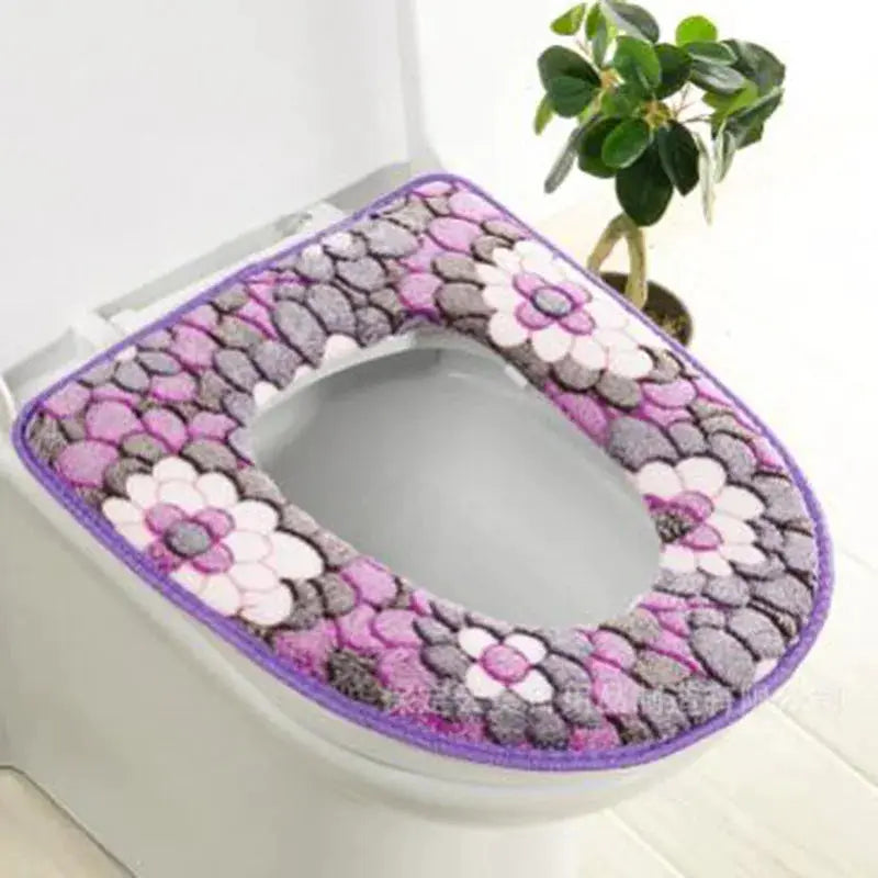 Simples Market plush toilet seat cover, floral ring mat with purple trim, waterproof and washable.