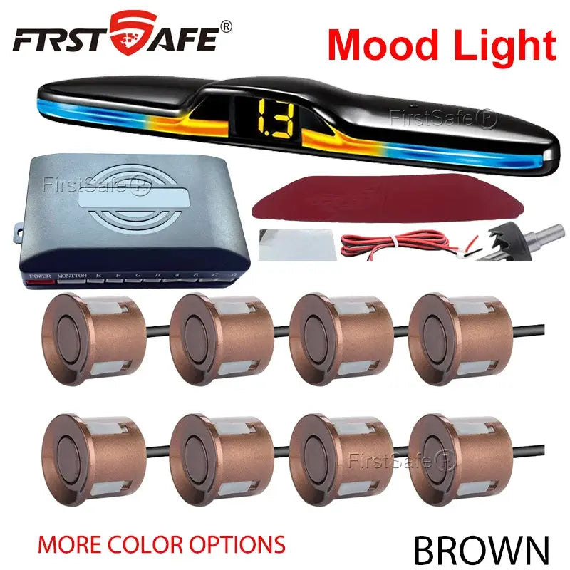FirstSafe mood light parking sensor kit with 8 brown ultrasonic sensors, control box, display monitor, wiring
