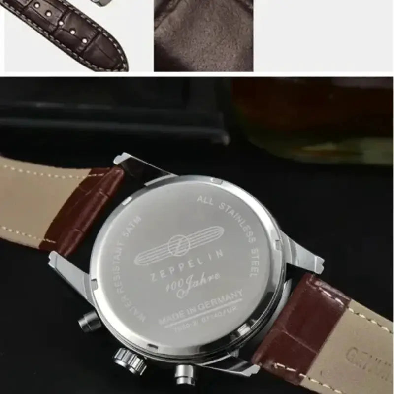 Zeppelin 100 Jahre commemorative watch back; stainless steel case, brown leather strap.