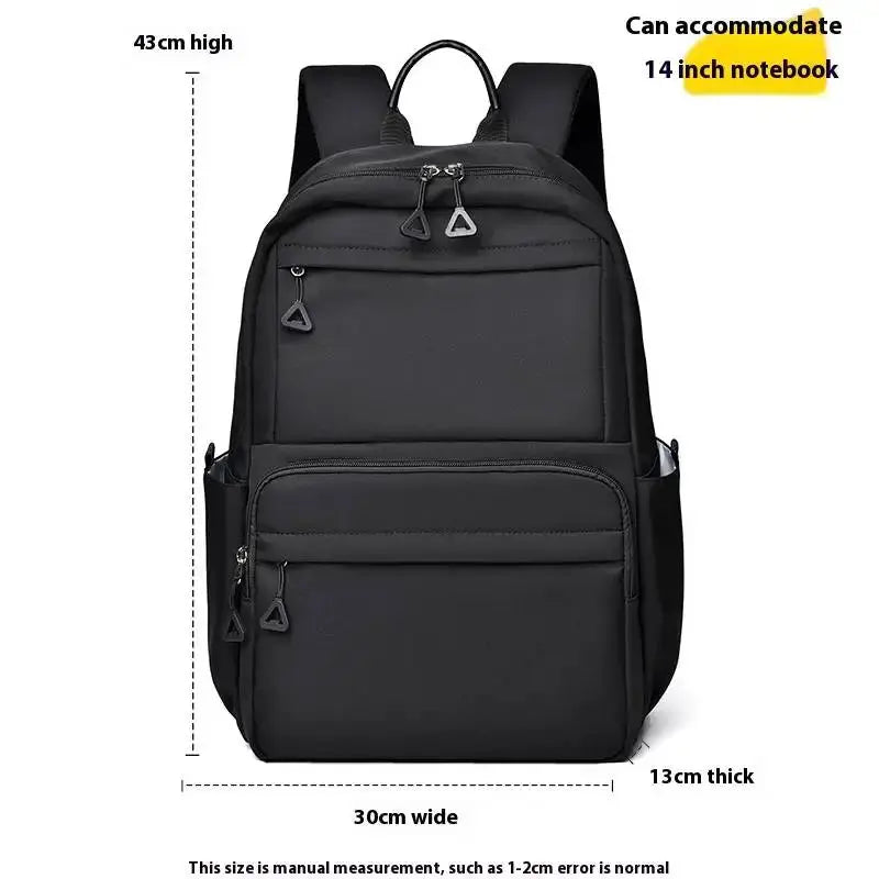 Black unisex laptop backpack with multiple pockets and large capacity; fits 14-inch notebook.