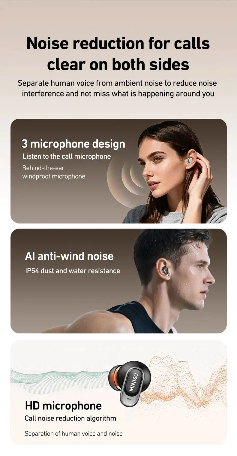 MINISO MS105 Bluetooth in-ear earbuds; wireless, 3-microphone design, IPX5 waterproof