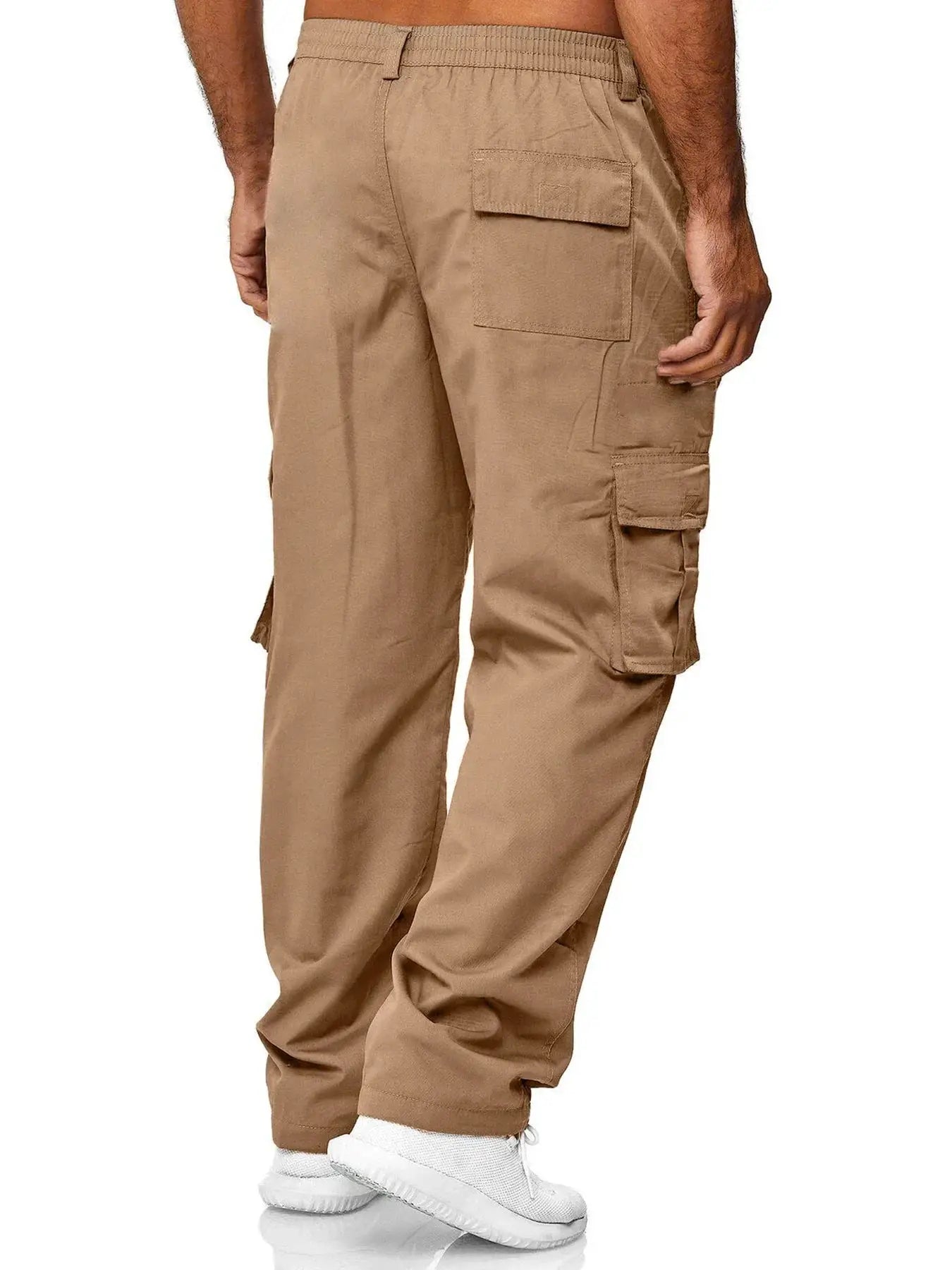 Men's tan cargo pants with multiple pockets and thigh cargo pocket, relaxed straight-leg.