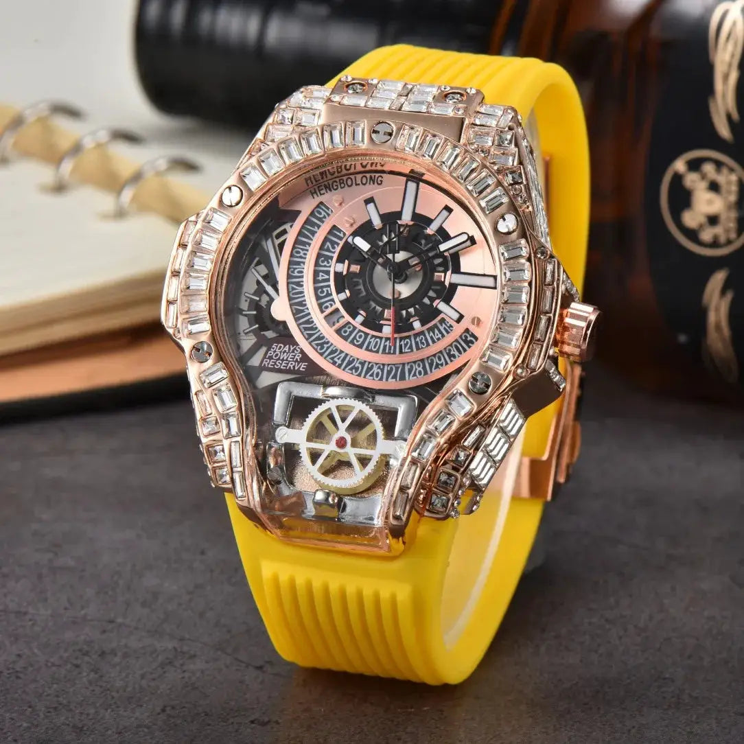 Men's diamond-studded luxury watch with rose-gold case and yellow rubber strap