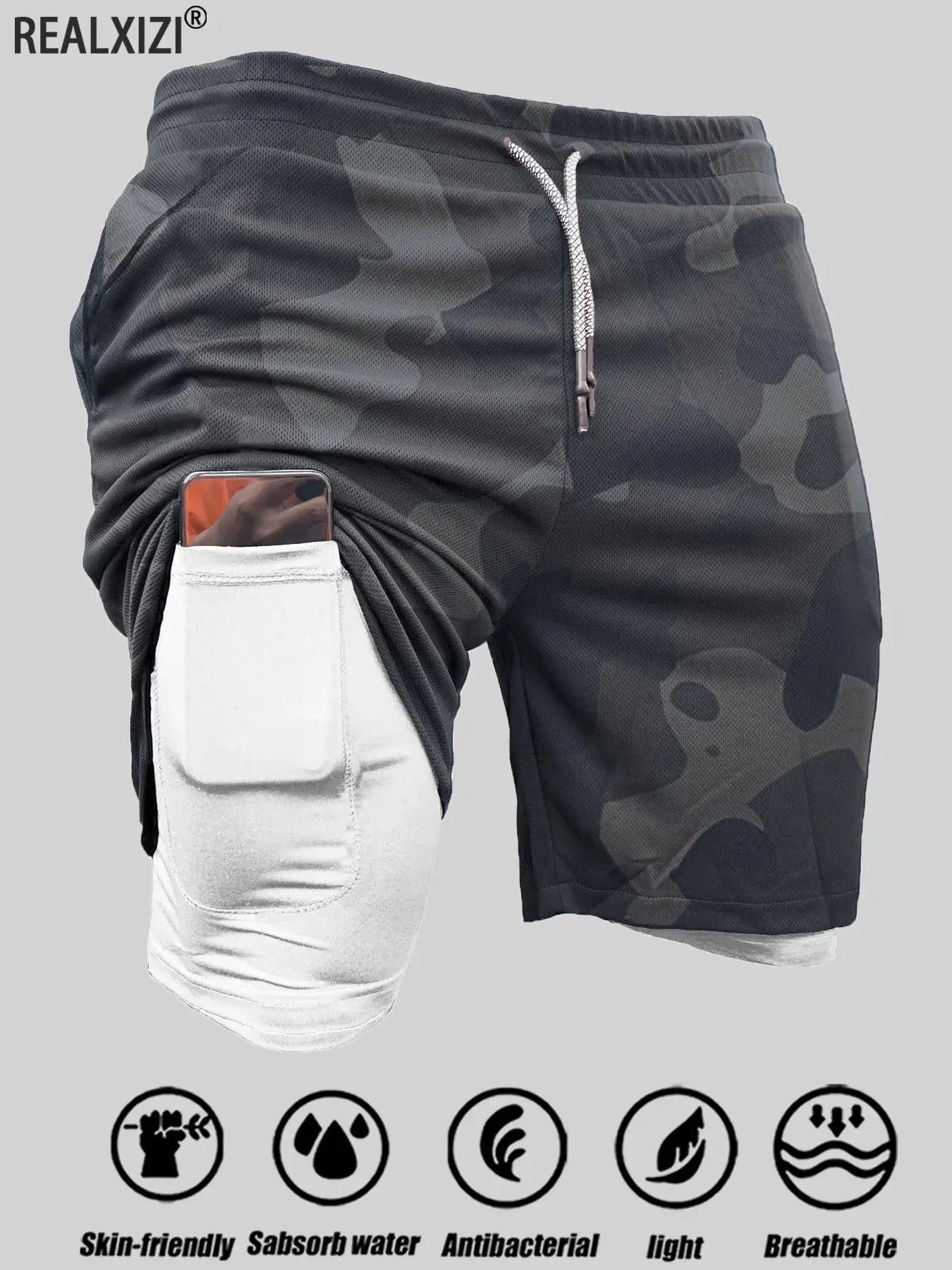 Men's camo double-layer sport shorts by Simples Market, quick-dry breathable casual running shorts with zip pocket