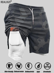 Men's camo double-layer sport shorts by Simples Market, quick-dry breathable casual running shorts with zip pocket