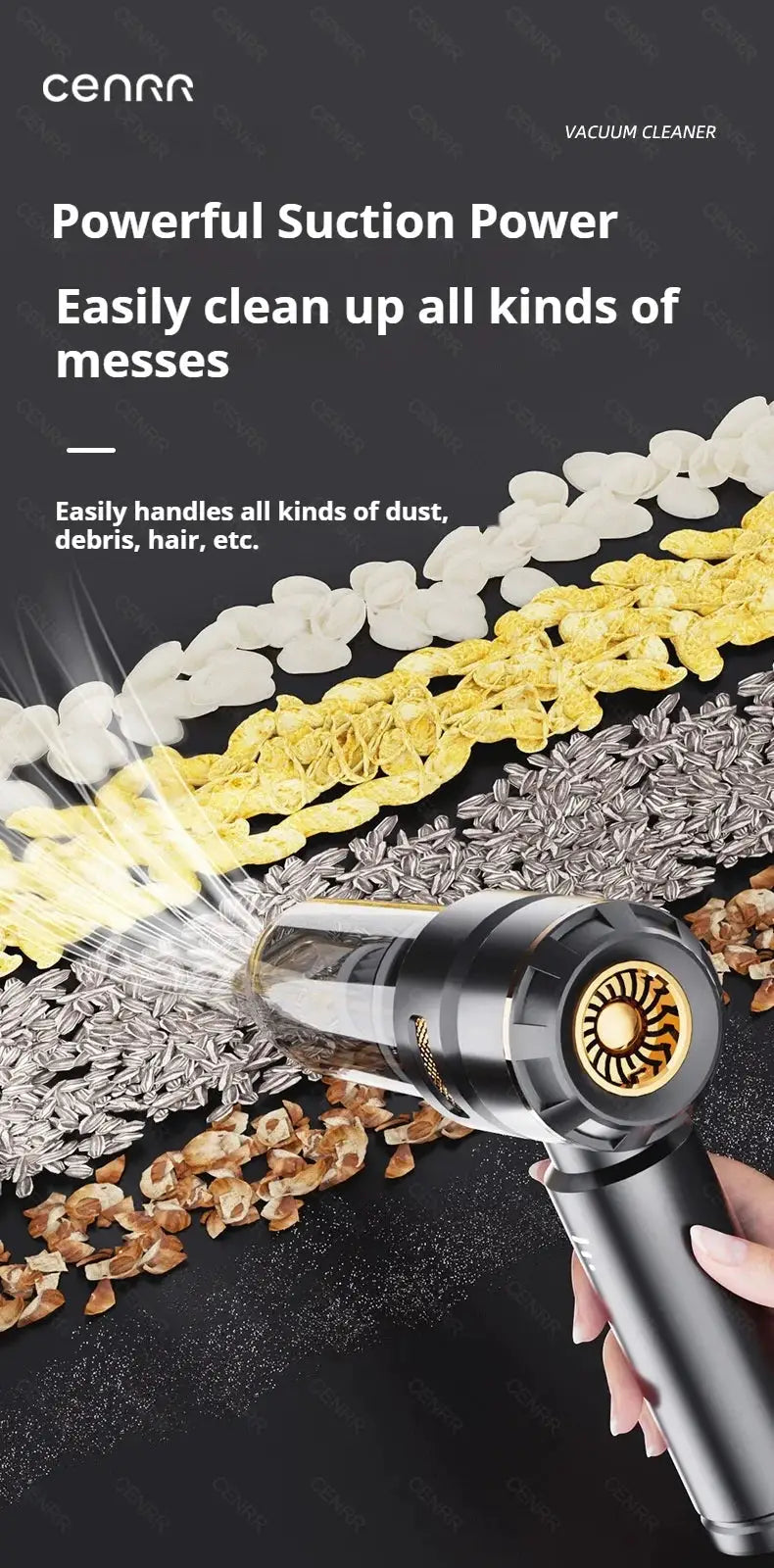 CENRR handheld car vacuum cleaner, portable wireless, black and silver with clear dust canister by Simples Market