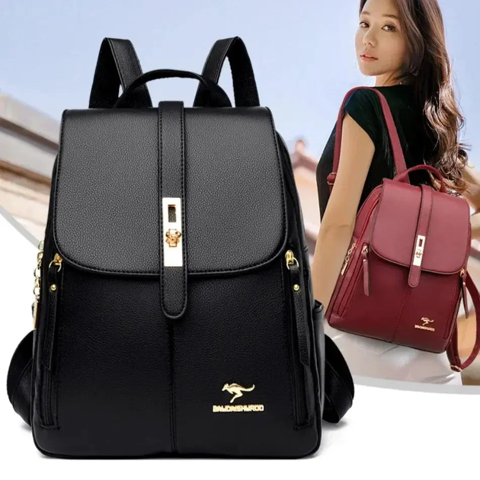 Two women's leather backpacks, black and burgundy, large-capacity vintage-style backpacks
