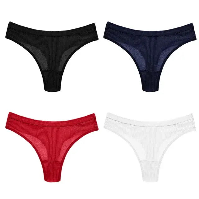 4-pack women's G-strings set by Simples Market in striped soft cotton; black, navy, red, white