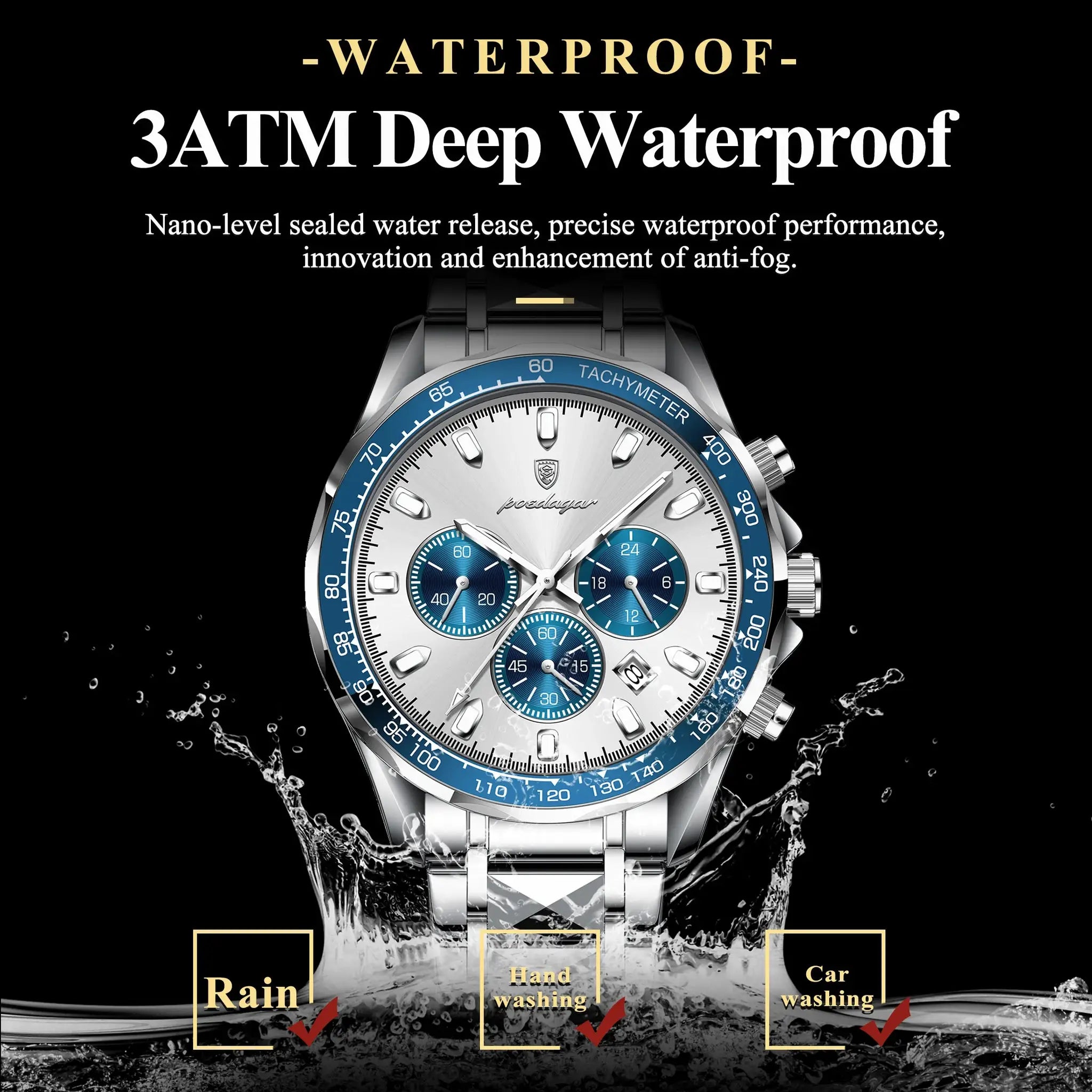 POEDAGAR luxury men's wristwatch by Simples Market, stainless steel chronograph with blue tachymeter bezel