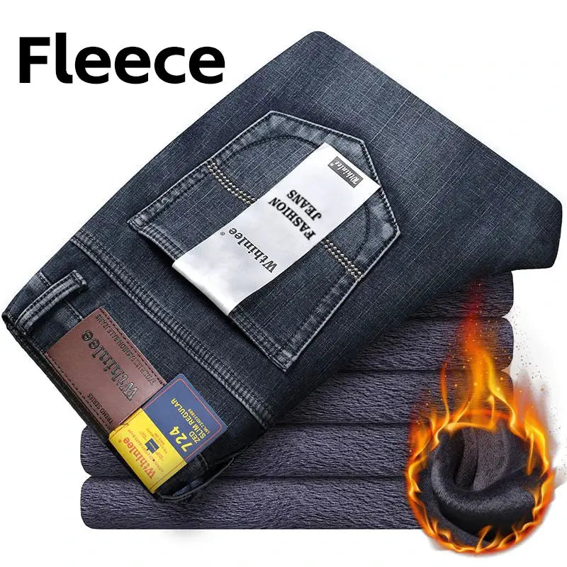 Men's denim jeans by Simples Market, folded blue straight-stretch work pants with leather tag