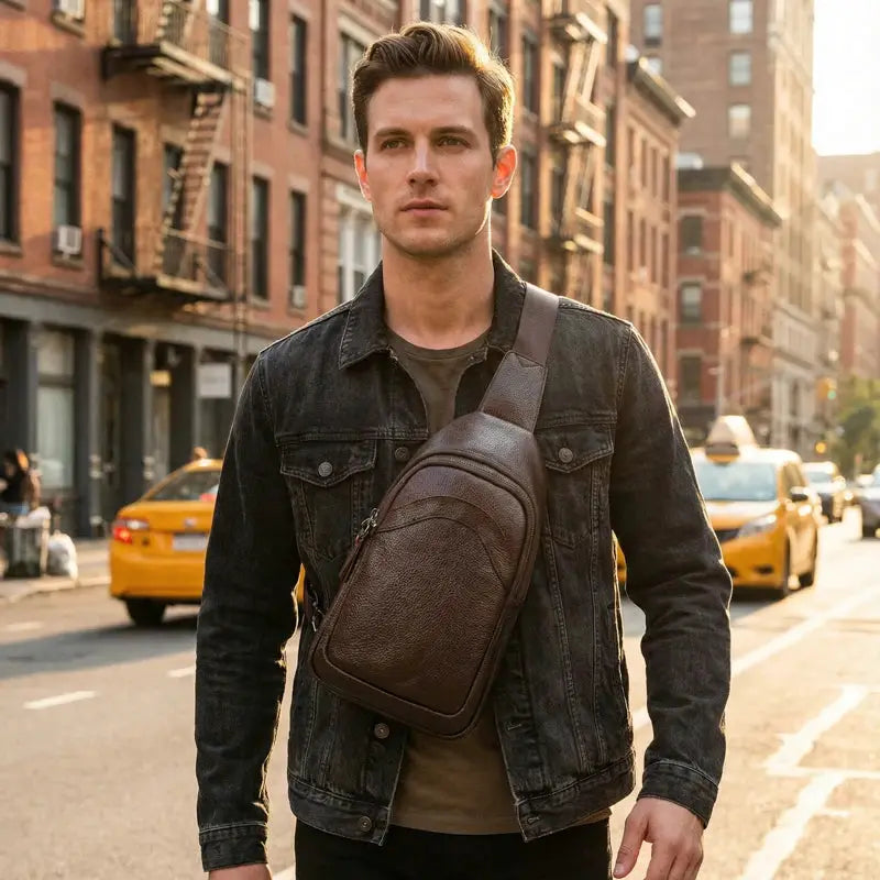 Luxury designer chest bag crossbody, Simples Market brown genuine top-grain leather, large-capacity.