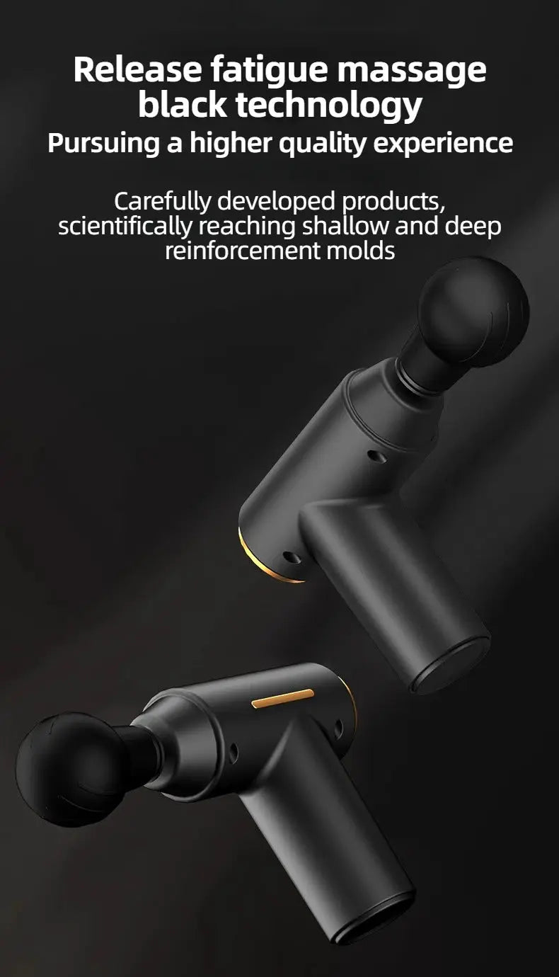 Two portable mini muscle massage guns by Simples Market, black with gold accents, handheld deep-tissue massagers.