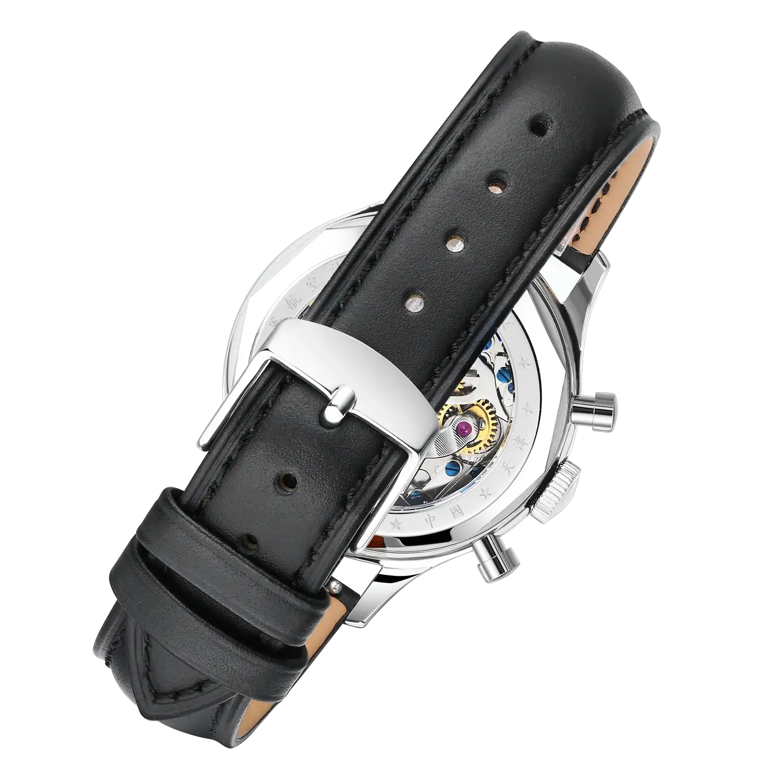 Seagull 1963 International Edition men's mechanical watch with black leather strap and exhibition caseback.