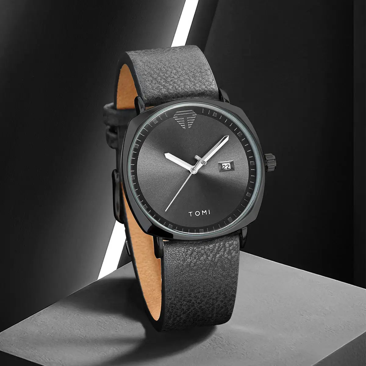 TOMI men's watch with minimalist gray dial, black case, leather strap and date window