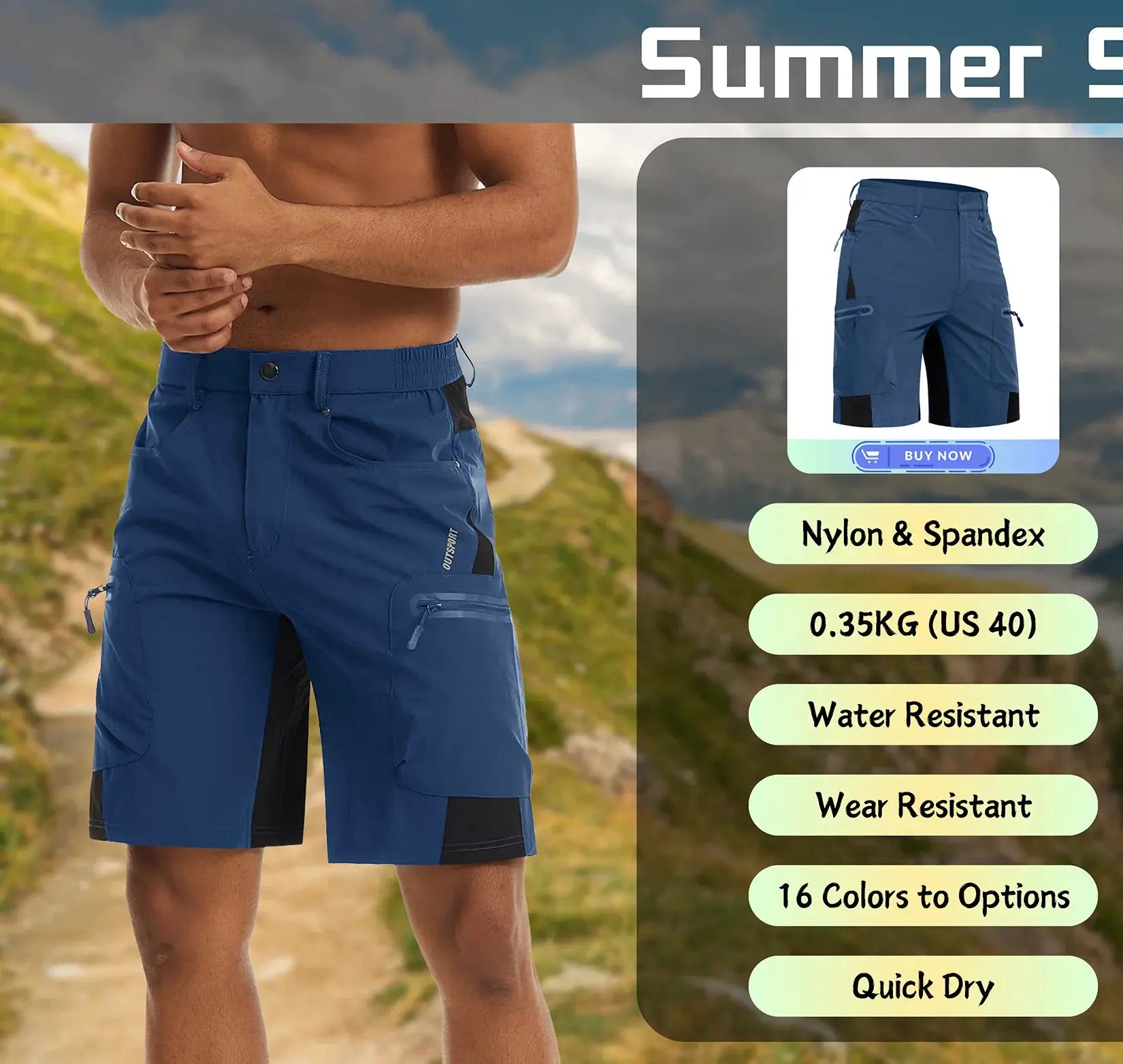 Simples Market KEFITEVD men's blue nylon hiking shorts with cargo pockets and black panels, two views