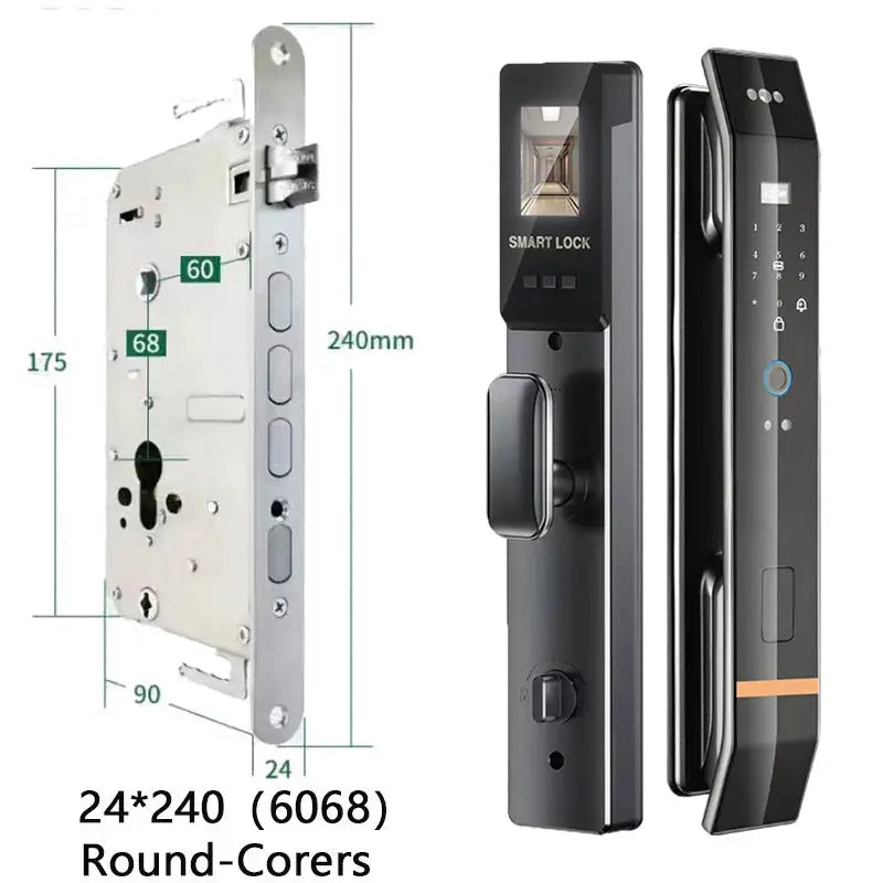 Two-piece smart door lock set with biometric fingerprint keypad and mortise lock body in black.