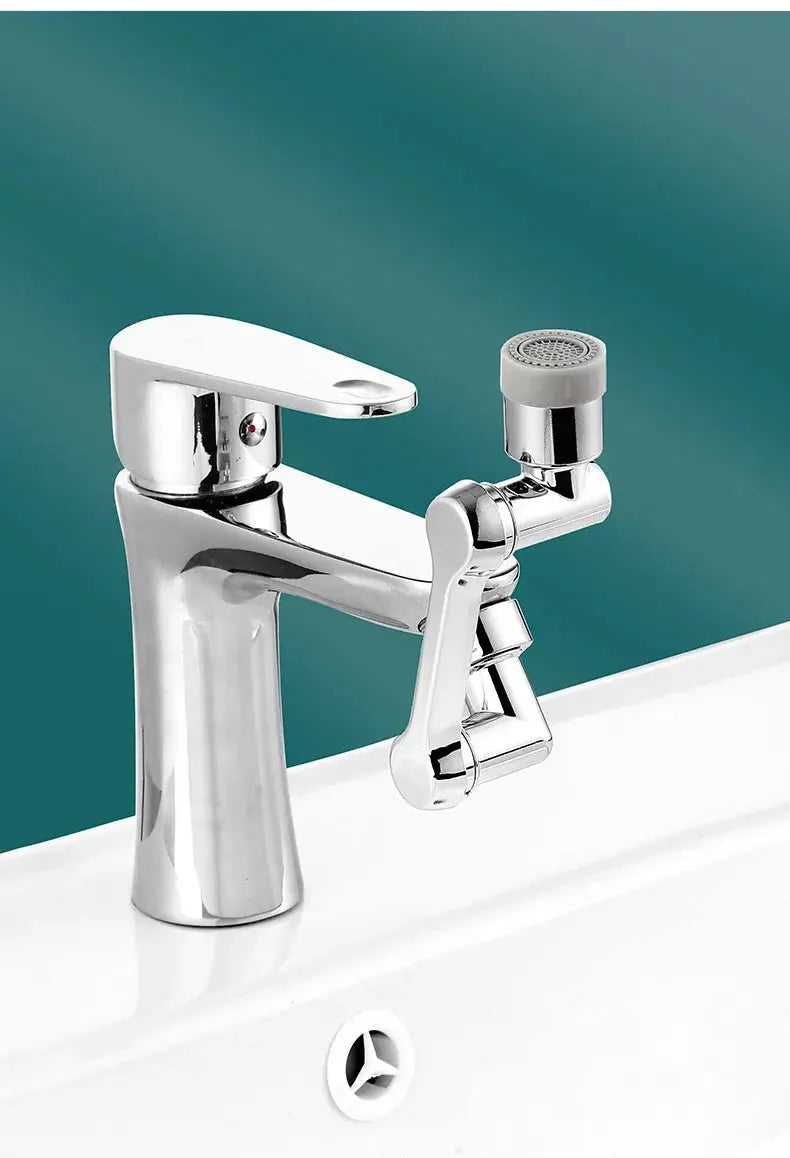Chrome kitchen faucet with universal rotation extender aerator and robotic arm spray nozzle.