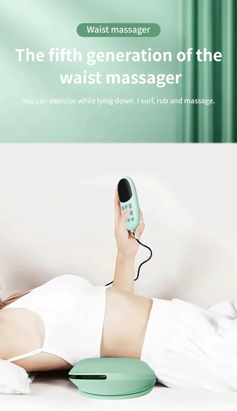 Waist massager with mint-green handheld remote and matching base unit.