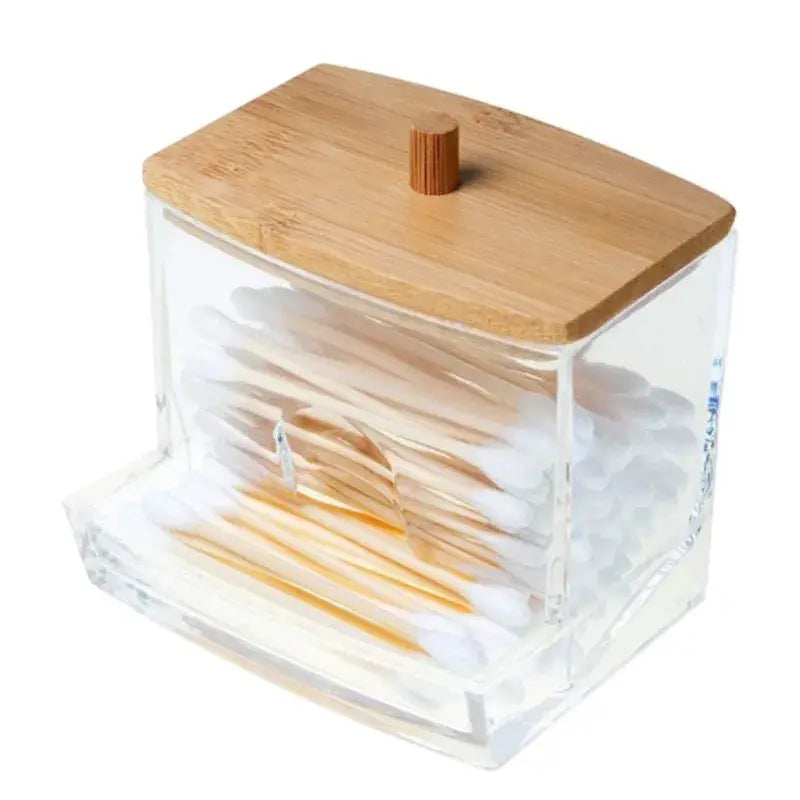 EverEco Acrylic Bathroom Organizer Set With Clear Lids And Bamboo Covers For Cotton Balls And Swabs