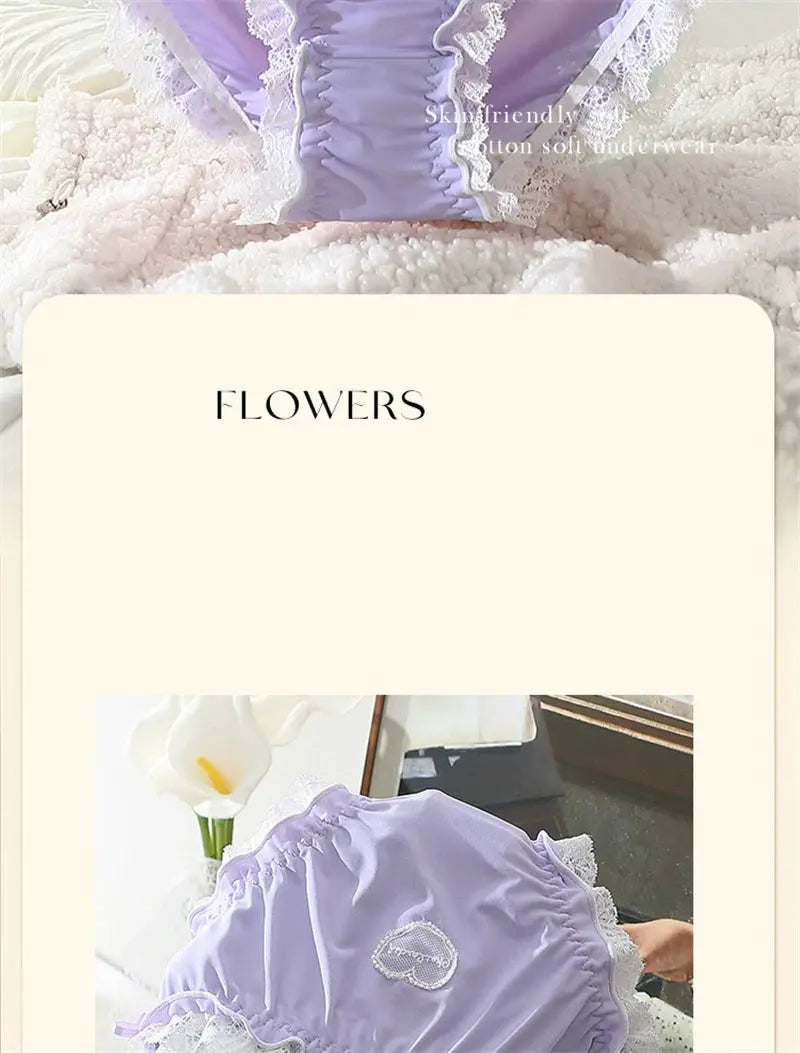 Lavender satin lingerie set with white lace trim and delicate lace detailing