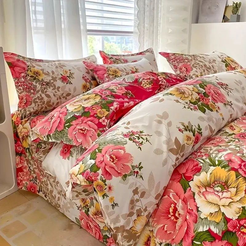 Floral duvet cover set with pink and yellow blooms on white, zipper closure, includes 1 duvet cover and 2 pillowcases