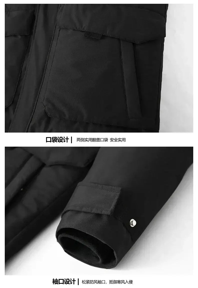 Men's black hooded duck-down winter coat with waterproof shell; features practical flap pockets and adjustable cuff details.