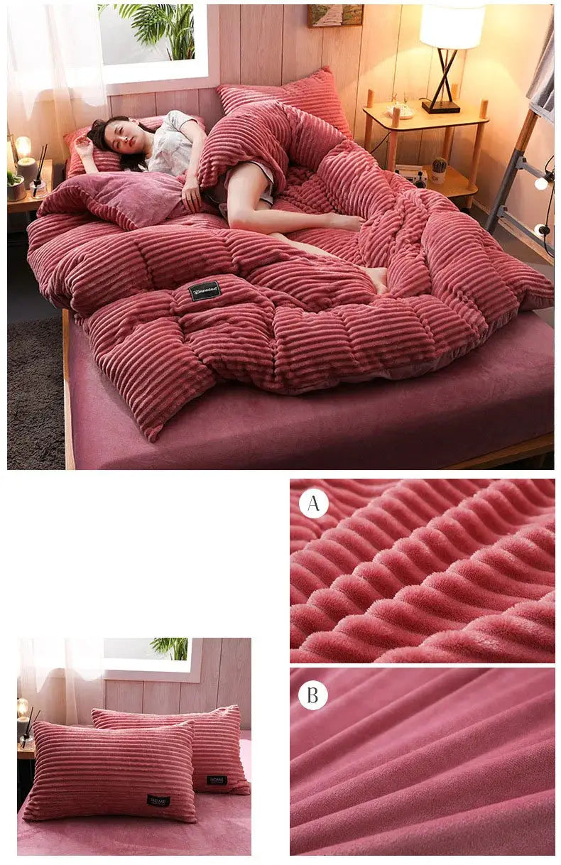 3pc coral fleece duvet cover set with pillowcases on a pink-red bed, ribbed plush texture visible