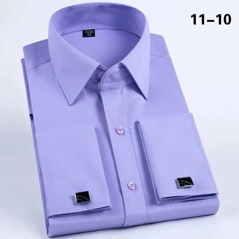 Men's lavender French cuff shirt by Simples Market with cufflinks, slim-fit long sleeve