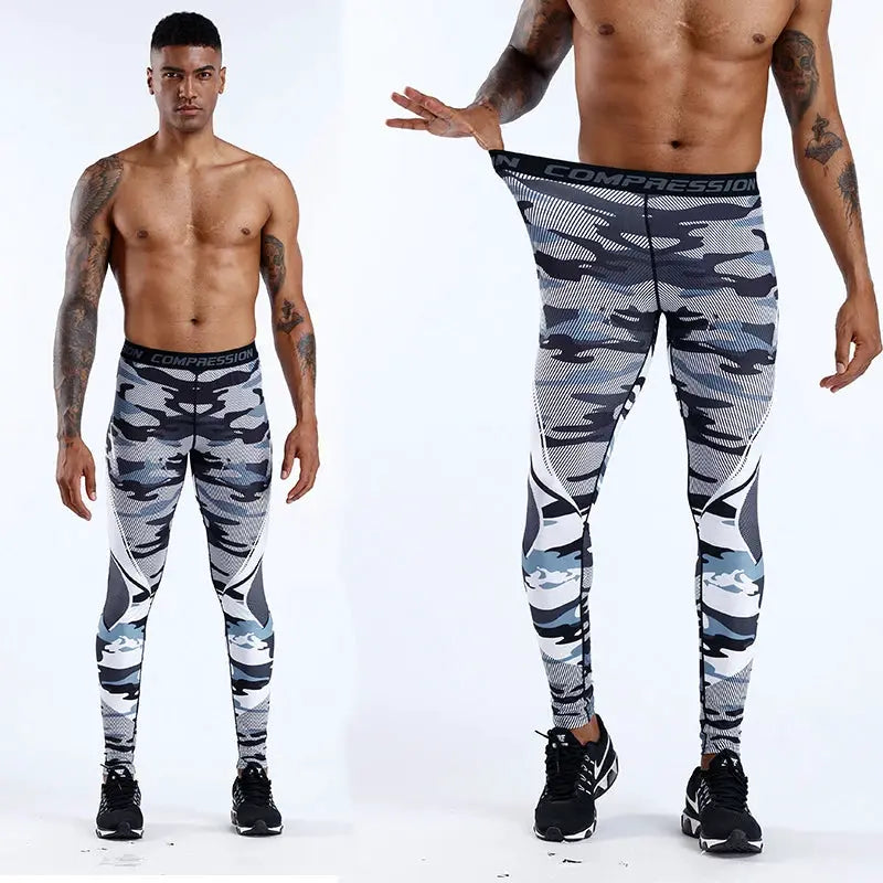 Men's compression leggings with grey camouflage print for gym and running