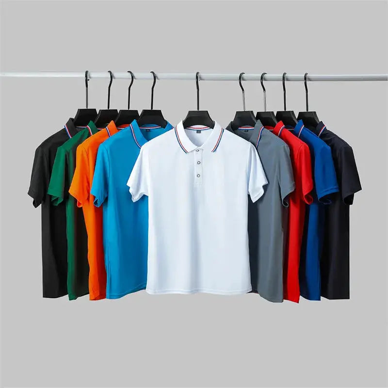 Men's casual polo shirts in 11 colors on a rack, short-sleeve tops for versatile summer wear