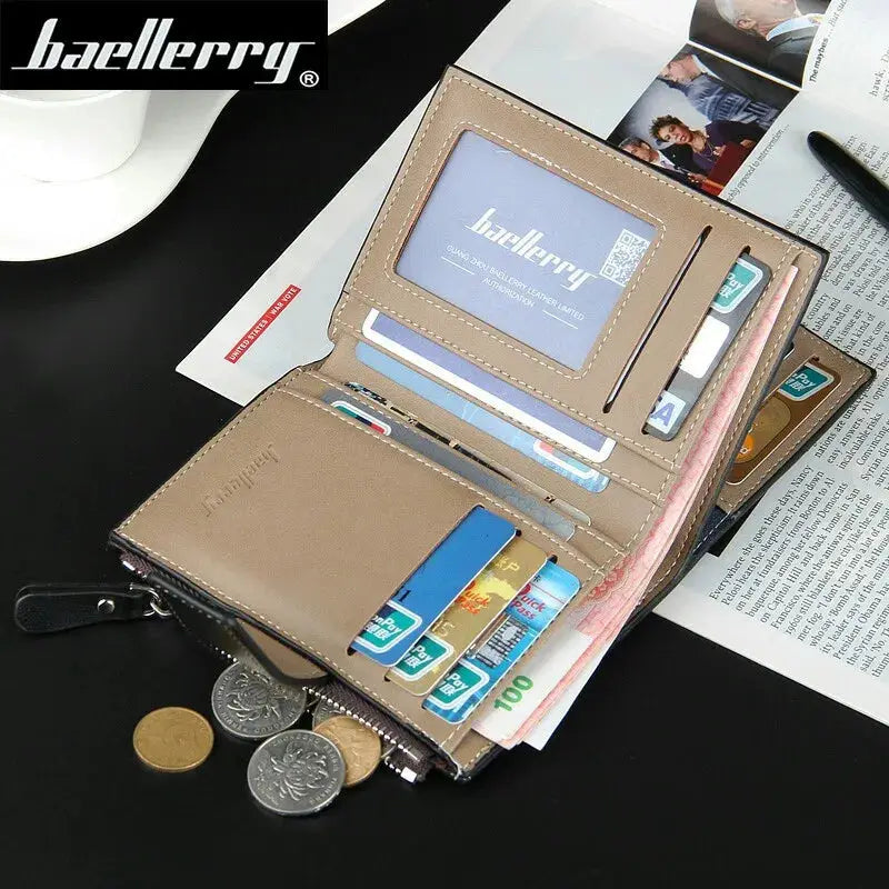 Baellerry brown leather men's wallet with zipper coin pocket, photo ID window and card slots