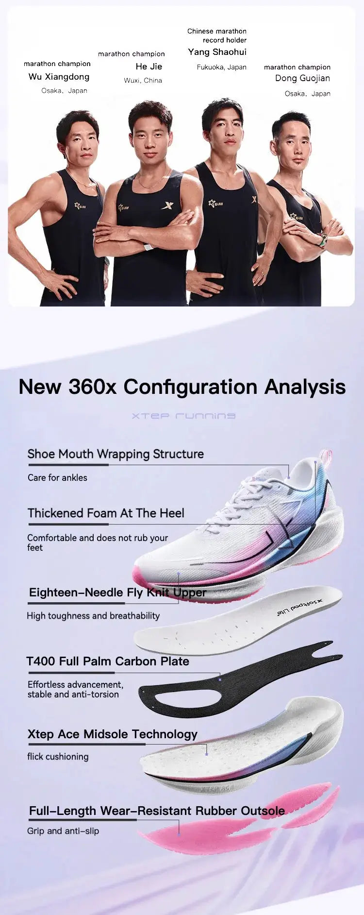 Xtep 360X running shoes by Simples Market; white sneakers with pink/blue accents on a four-model promo banner