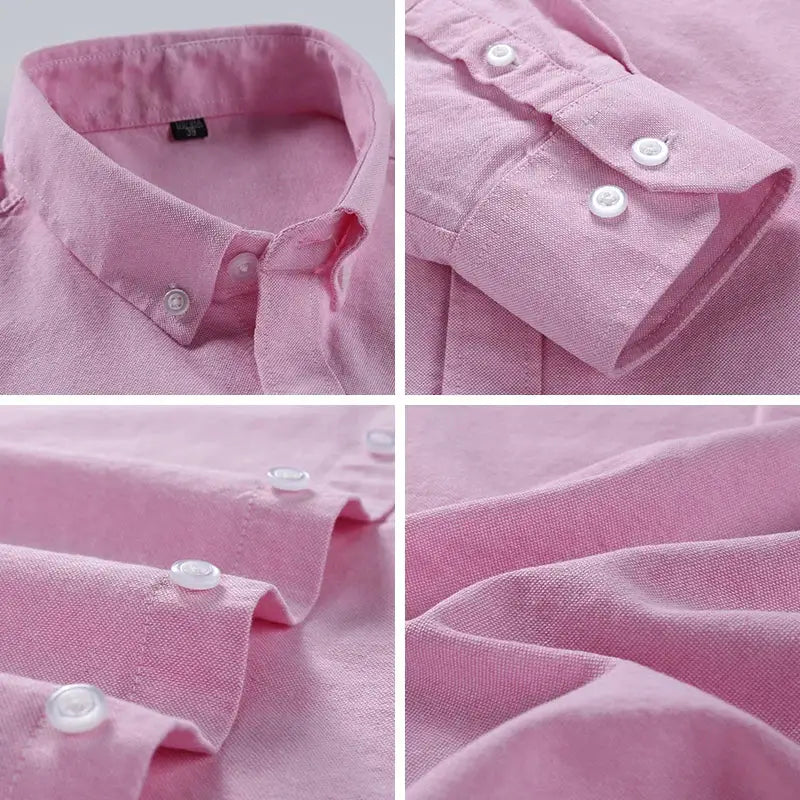 Pink 100% cotton oxford shirt with button-down collar and cuffs, long sleeve.