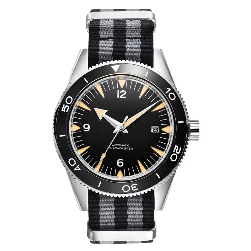 Simples Market 41mm automatic men's watch with black dial, sapphire glass, 100m water resistance, nylon NATO strap
