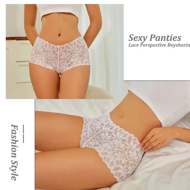 4PCS white floral lace panties for women by Simples Market; breathable V-waist underwear, lingerie style