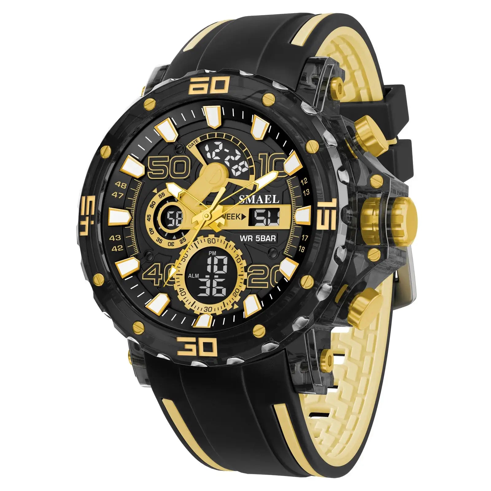 SMAEL men's military-style sport watch in black and gold with analog–digital dial, LED light, and 50m water resistance.