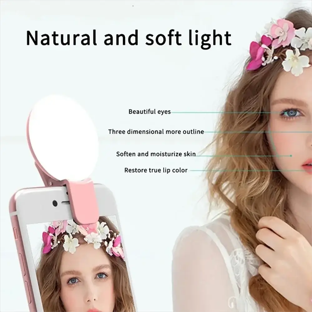 Portable LED selfie light for smartphones with pink clip-on mount; Simples Market