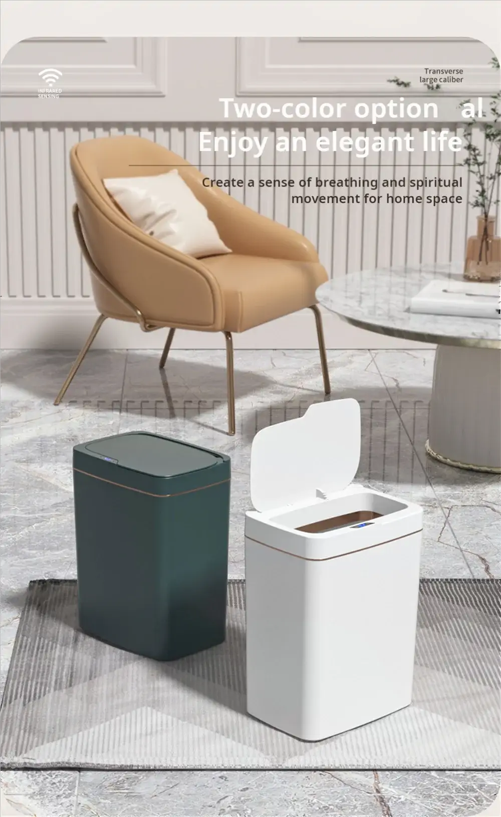 Smart bathroom trash can, white touchless 15L with sensor; two bins in view (white and dark green).