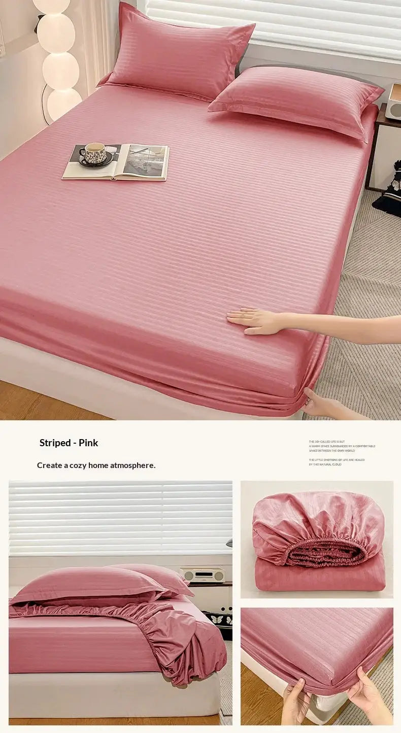 Fitted bed sheet by Simples Market in pink striped color with elastic band for single to king size beds