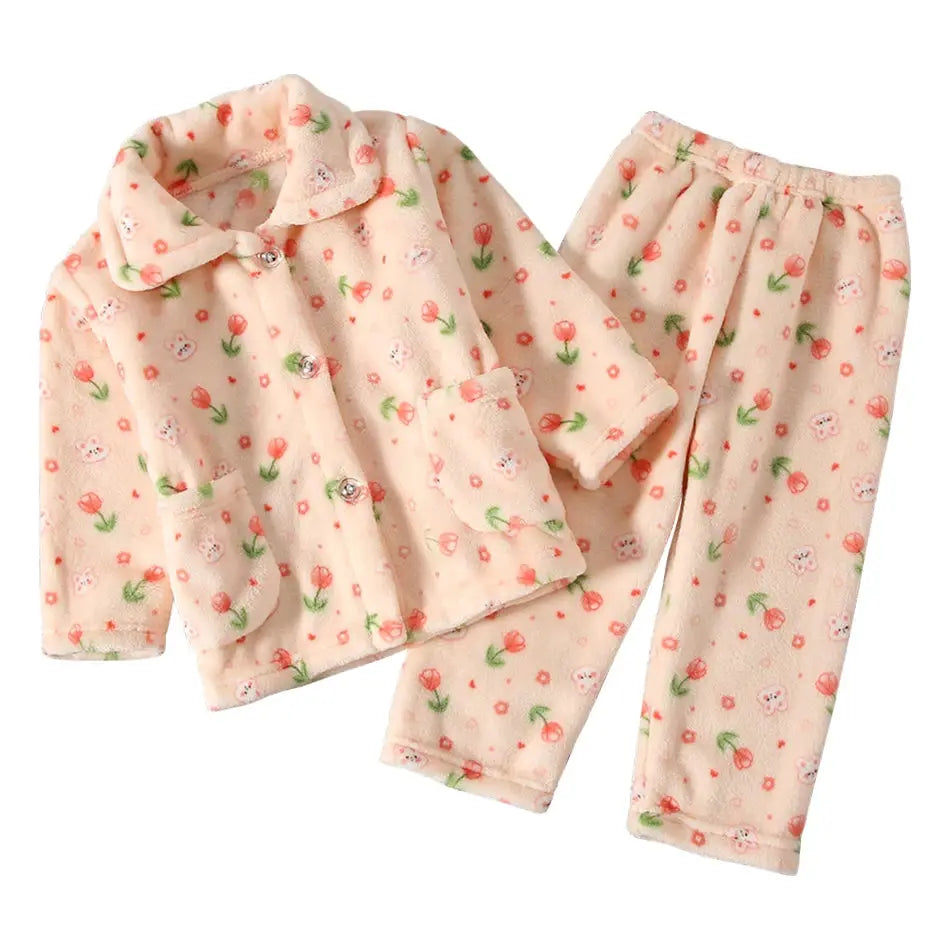Cute Cartoon Pattern Coral Fleece Flannel Pajama Sets For Boys And Girls Long Sleeve Warm Comfortable Winter Sleepwear