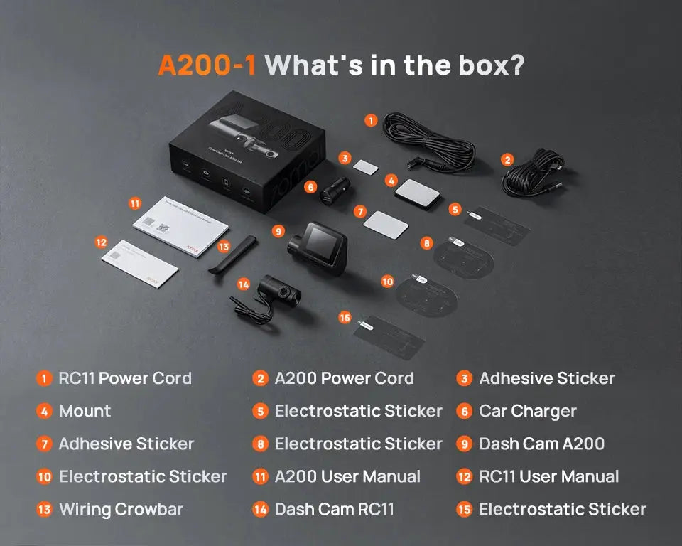 Dash cam A200 dual-channel unboxing with 15 accessories (power cords, mount, car charger, adhesive stickers, manuals)