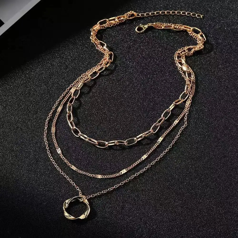 Fashionable Cross Border Round Circle Pendant Necklace Exaggerated Multilayer Versatile Unisex Zinc Alloy Jewelry