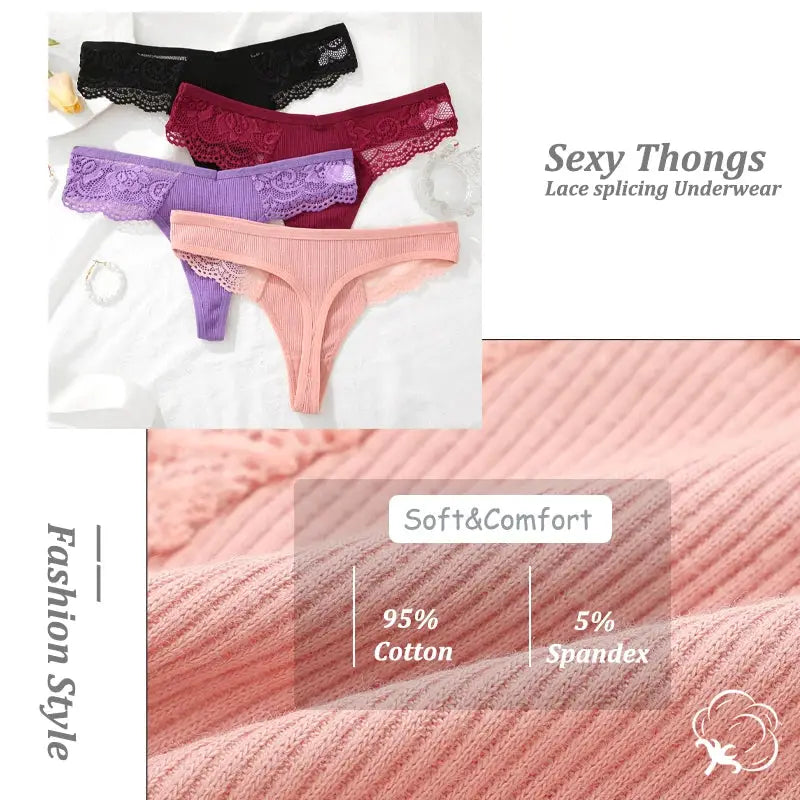 4PCS Simples Market women's cotton lace V-waist thongs, assorted colors, breathable underwear set.