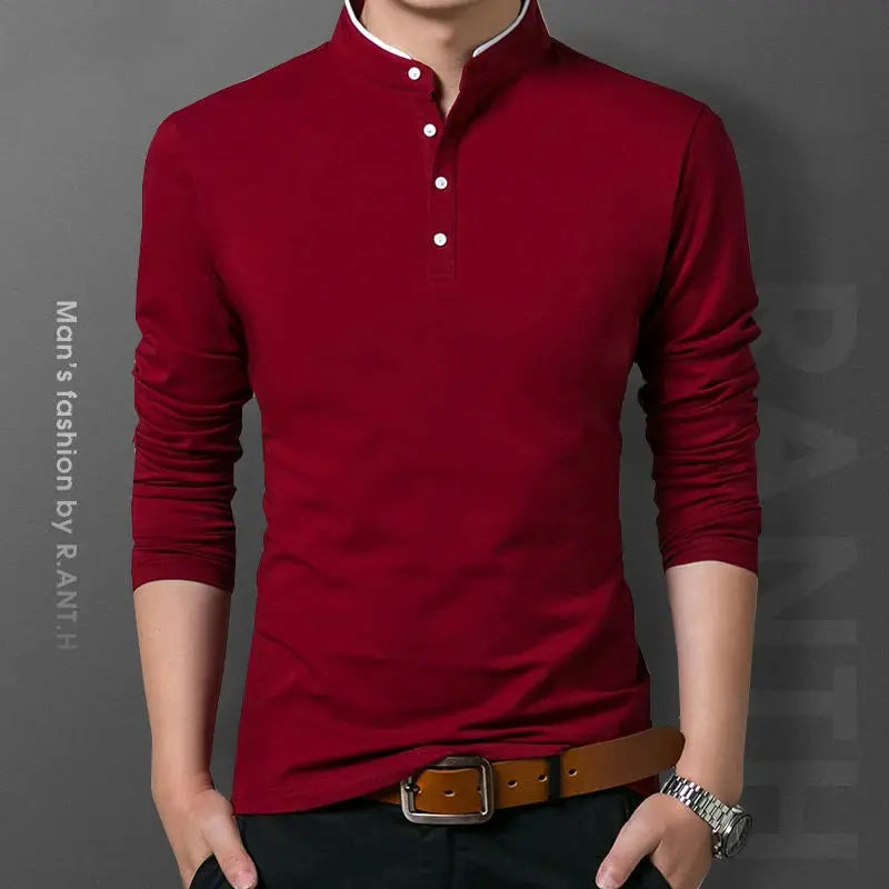 Men's burgundy long-sleeve polo shirt with stand collar and white button placket
