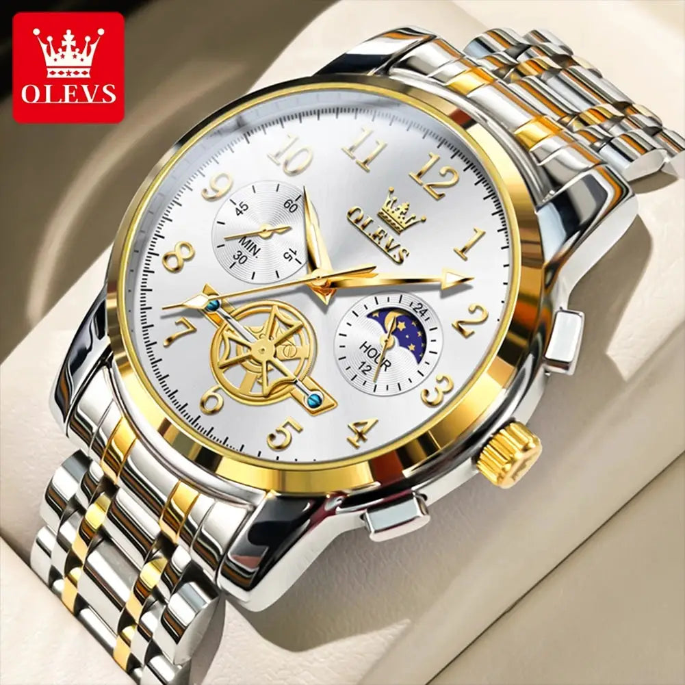 OLEVS men's stainless steel moon-phase skeleton chronograph watch with a gold and silver two-tone bracelet